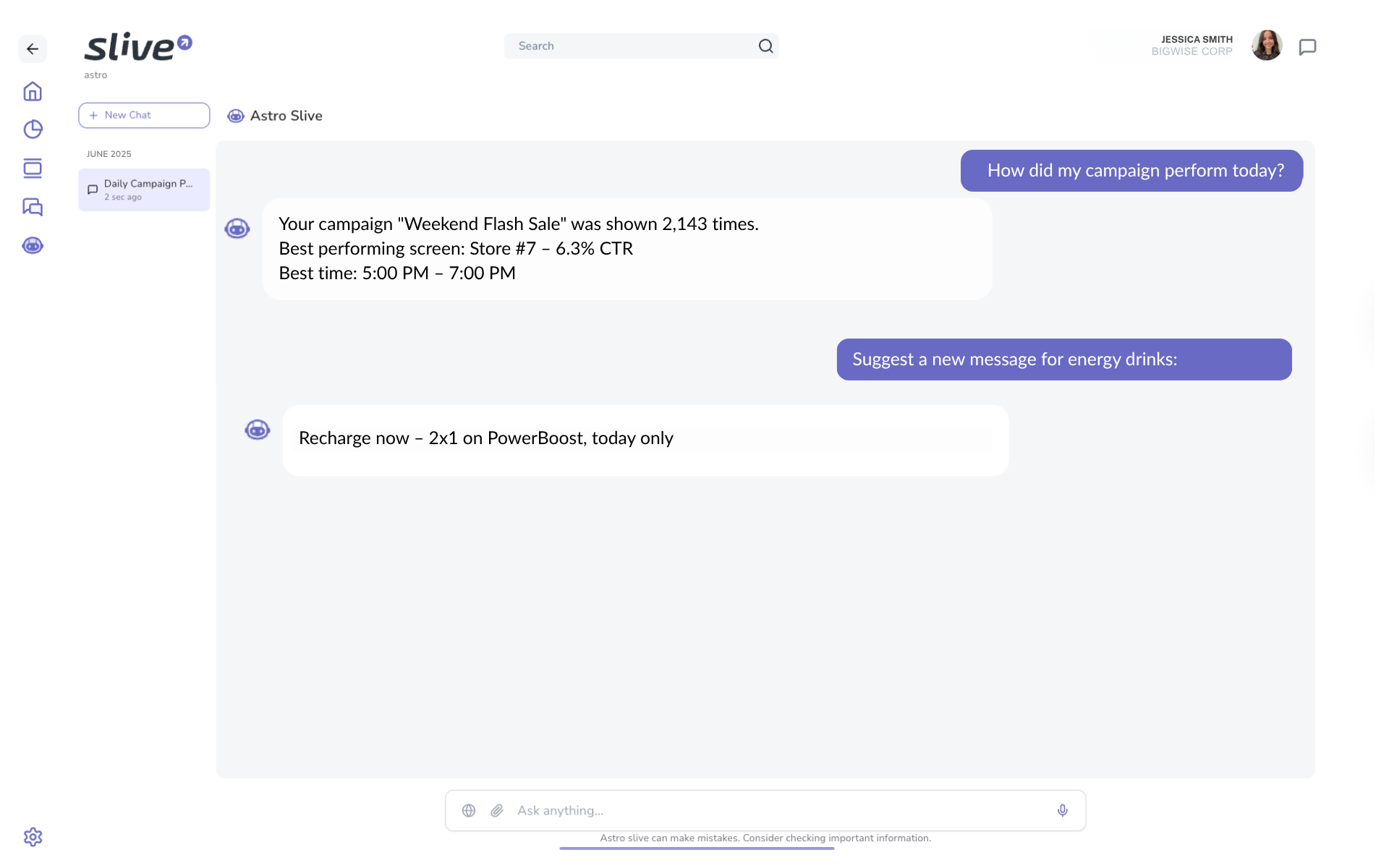 Astro Slive chat interface in English showing campaign analysis